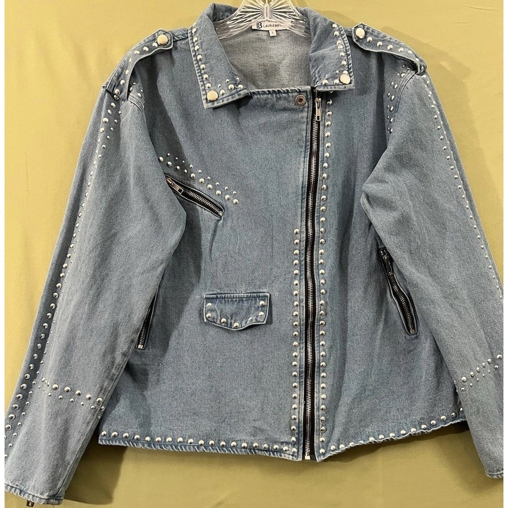 Lauriebelles Studded Denim Moto Jacket Womens Large Zip Up Blue Biker Large